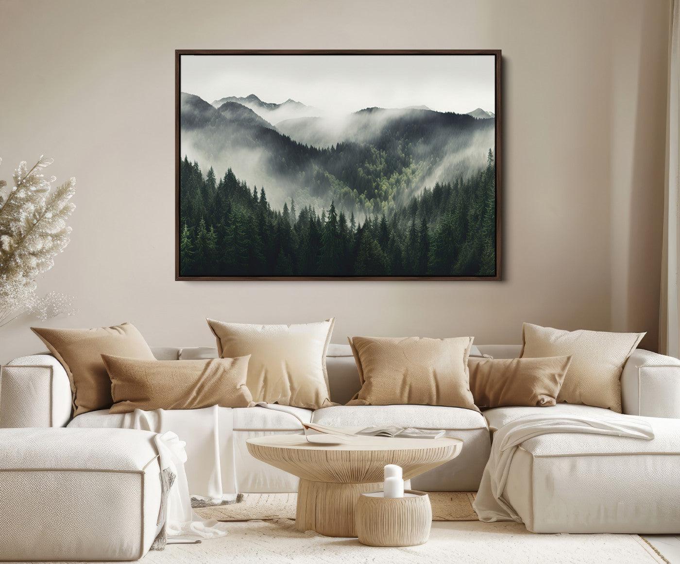 90953-MGV-FC-36X24_Walnut-Misty Mountain Forest Canvas Wall Art Print – Serene Evergreen Landscape Wall Decor for Home or