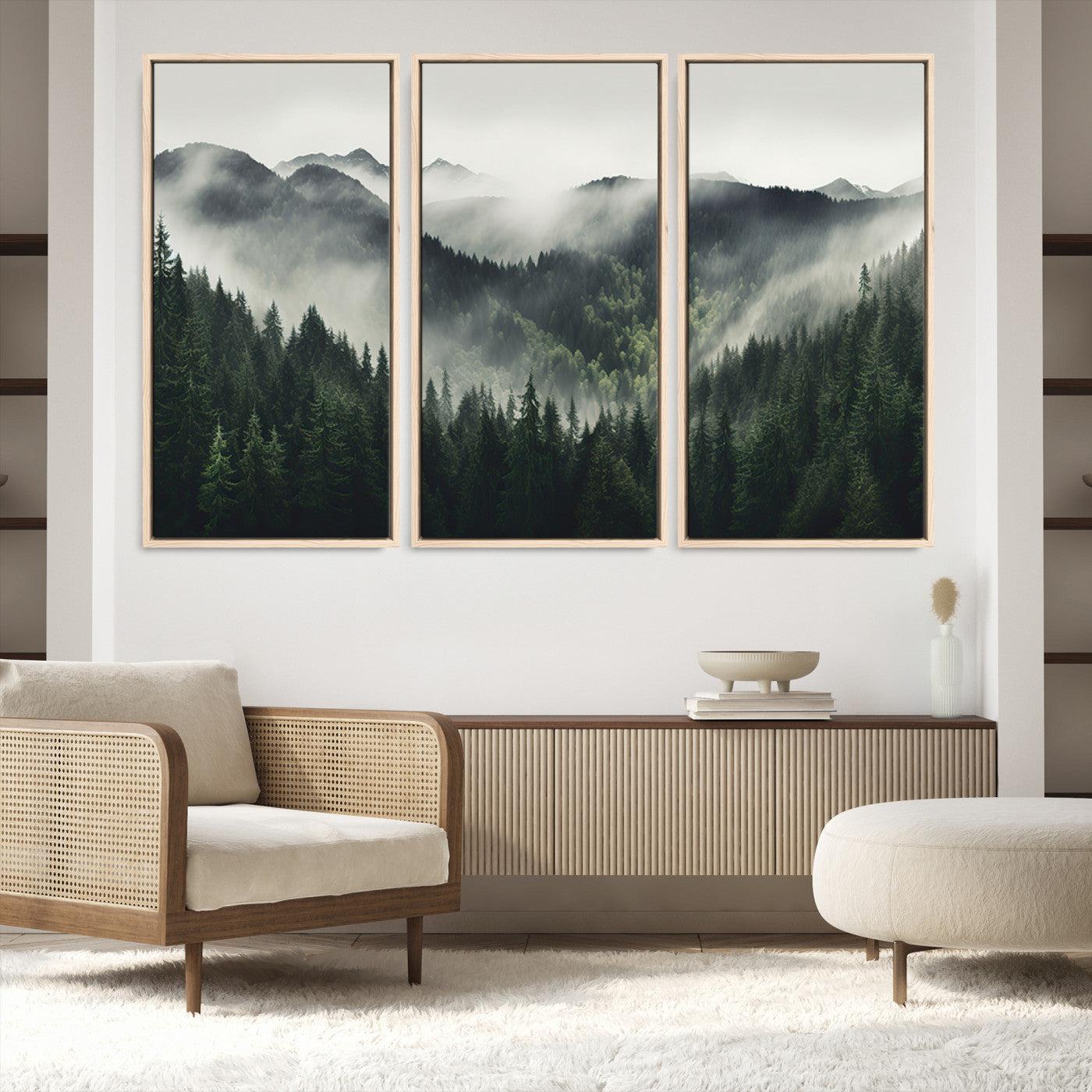 90953-MGV-FC-48X32-3P_Natural-Misty Mountain Forest Canvas Wall Art Print – Serene Evergreen Landscape Wall Decor for Home or Office – Ready to Hang Nature Print