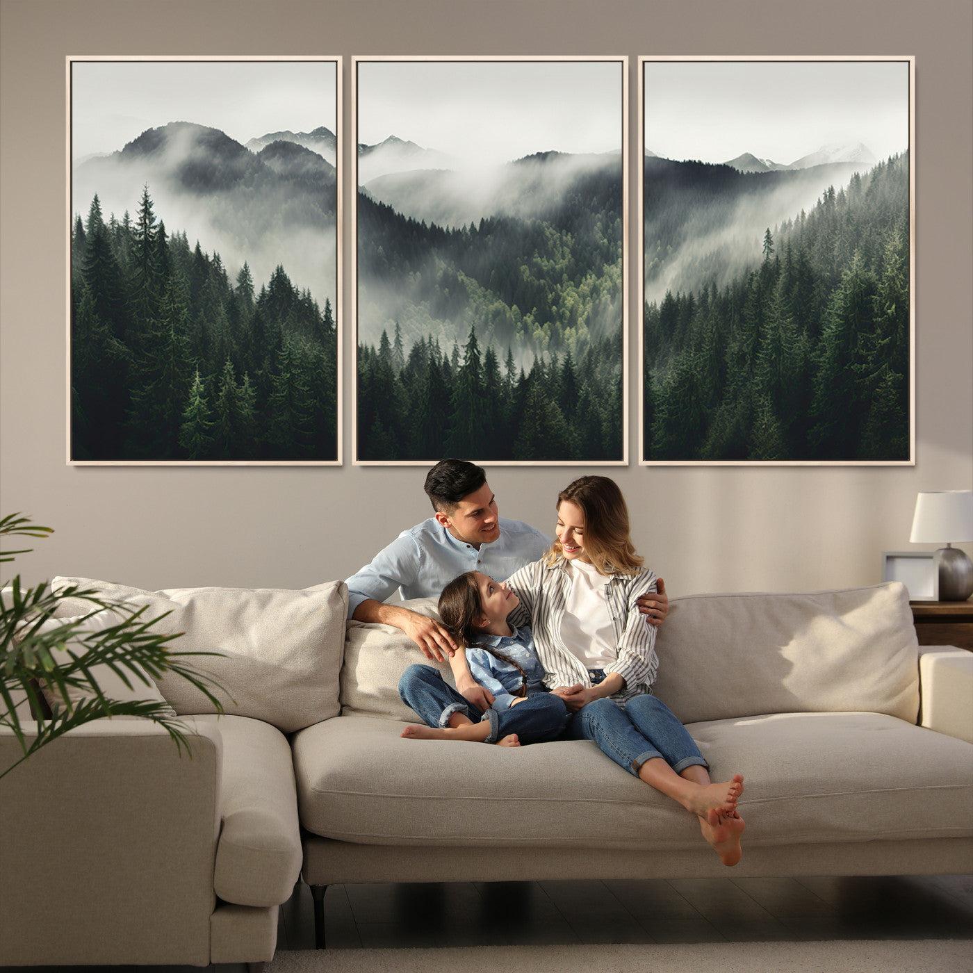 90953-MGV-FC-60X30-3P_Natural-Misty Mountain Forest Canvas Wall Art Print – Serene Evergreen Landscape Wall Decor for Home or Office – Ready to Hang Nature Print