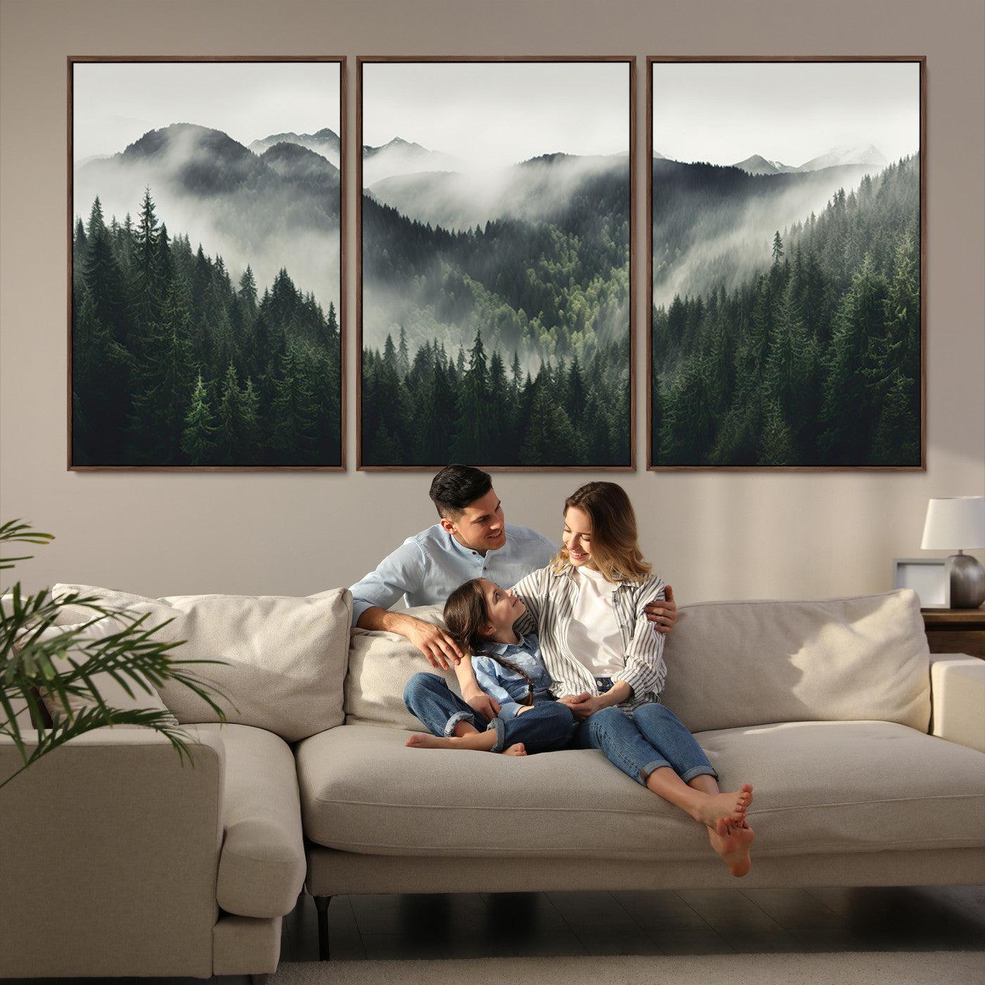 90953-MGV-FC-60X30-3P_Walnut-Misty Mountain Forest Canvas Wall Art Print – Serene Evergreen Landscape Wall Decor for Home or Office – Ready to Hang Nature Print