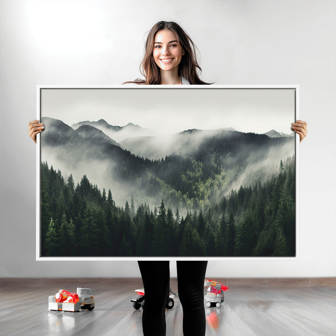 Misty Mountain Forest Canvas Wall Art Print – Serene Evergreen Landscape Wall Decor for Home or Office – Ready to Hang Nature Print