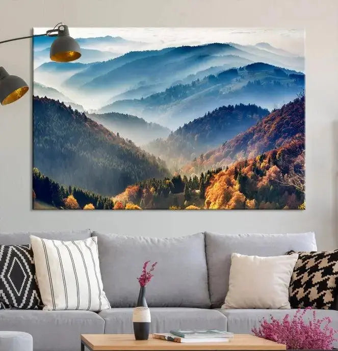 A large "Misty Mountain Sunrise Triptych Canvas Print – Autumn Landscape Wall Art – Scenic Nature Decor – Ready to Hang" is displayed on the wall.