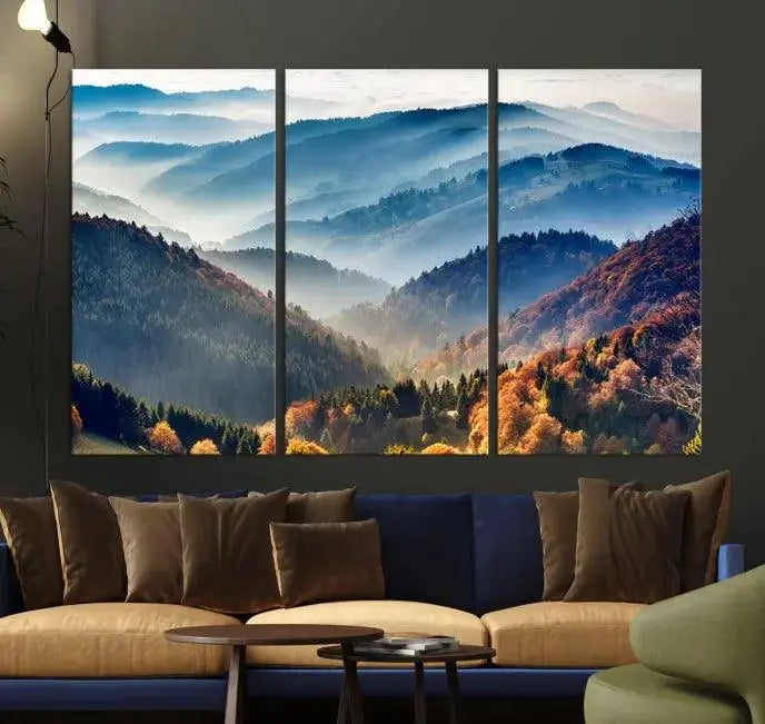 A large "Misty Mountain Sunrise Triptych Canvas Print – Autumn Landscape Wall Art – Scenic Nature Decor – Ready to Hang" is displayed on the wall.