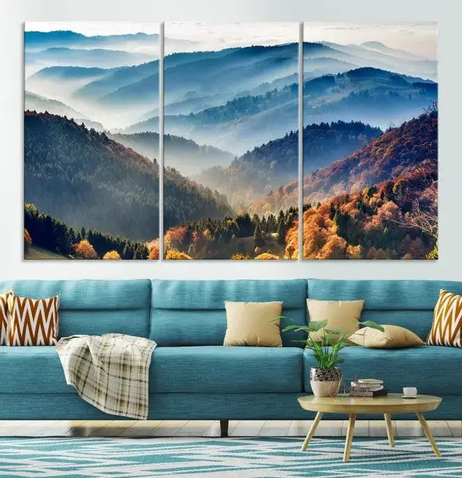 A large "Misty Mountain Sunrise Triptych Canvas Print – Autumn Landscape Wall Art – Scenic Nature Decor – Ready to Hang" is displayed on the wall.