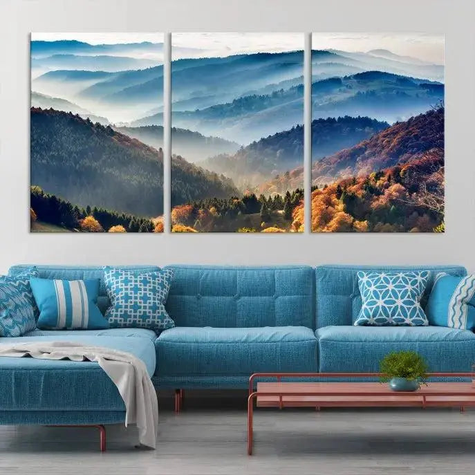 A large "Misty Mountain Sunrise Triptych Canvas Print – Autumn Landscape Wall Art – Scenic Nature Decor – Ready to Hang" is displayed on the wall.