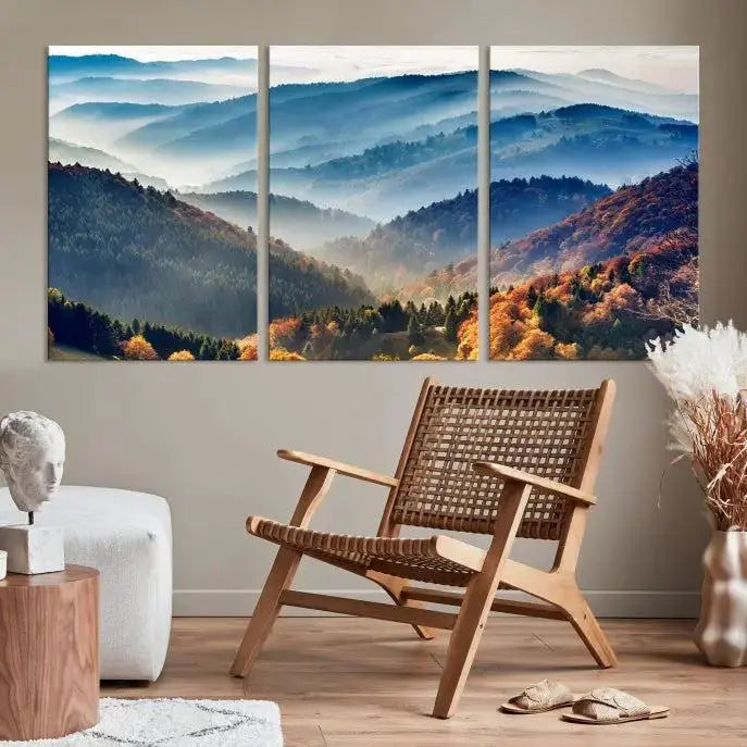 A large "Misty Mountain Sunrise Triptych Canvas Print – Autumn Landscape Wall Art – Scenic Nature Decor – Ready to Hang" is displayed on the wall.