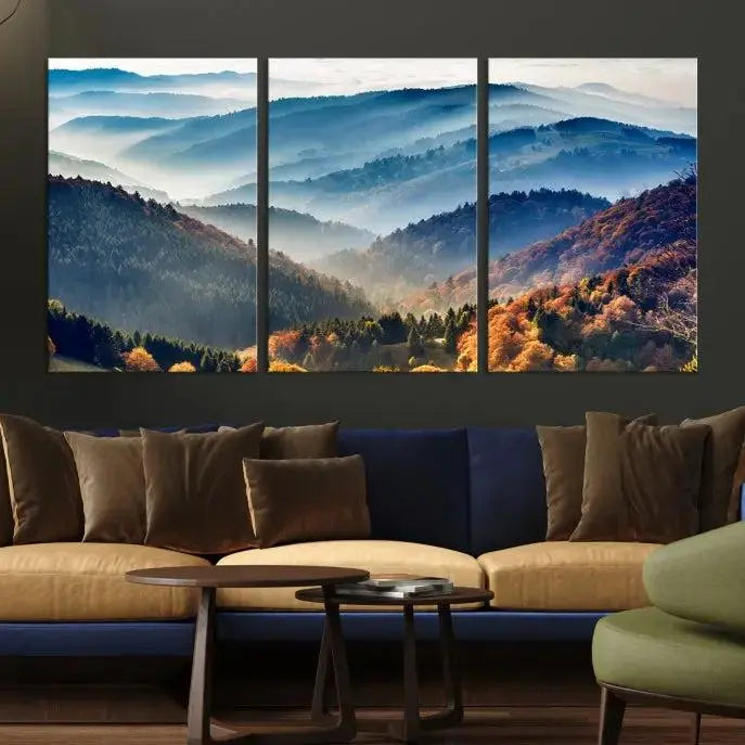 A large "Misty Mountain Sunrise Triptych Canvas Print – Autumn Landscape Wall Art – Scenic Nature Decor – Ready to Hang" is displayed on the wall.