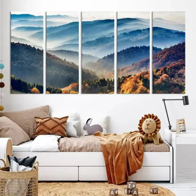 A large "Misty Mountain Sunrise Triptych Canvas Print – Autumn Landscape Wall Art – Scenic Nature Decor – Ready to Hang" is displayed on the wall.