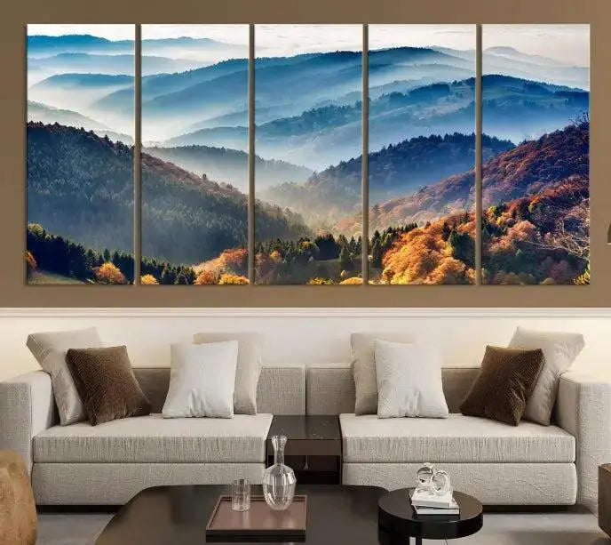 A large "Misty Mountain Sunrise Triptych Canvas Print – Autumn Landscape Wall Art – Scenic Nature Decor – Ready to Hang" is displayed on the wall.