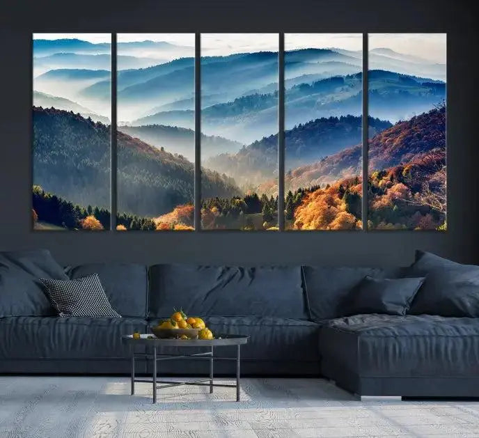 A large "Misty Mountain Sunrise Triptych Canvas Print – Autumn Landscape Wall Art – Scenic Nature Decor – Ready to Hang" is displayed on the wall.