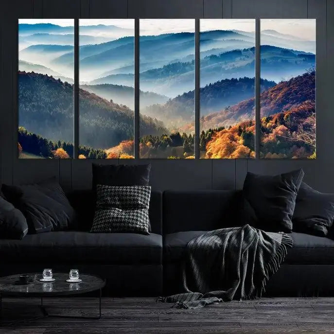 A large "Misty Mountain Sunrise Triptych Canvas Print – Autumn Landscape Wall Art – Scenic Nature Decor – Ready to Hang" is displayed on the wall.