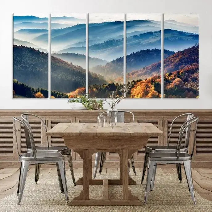 A large "Misty Mountain Sunrise Triptych Canvas Print – Autumn Landscape Wall Art – Scenic Nature Decor – Ready to Hang" is displayed on the wall.