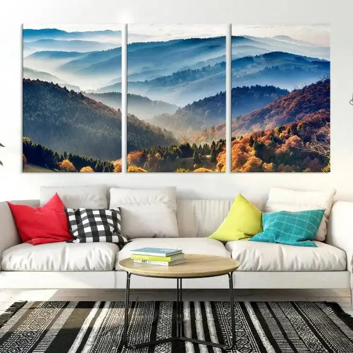 A large "Misty Mountain Sunrise Triptych Canvas Print – Autumn Landscape Wall Art – Scenic Nature Decor – Ready to Hang" is displayed on the wall.