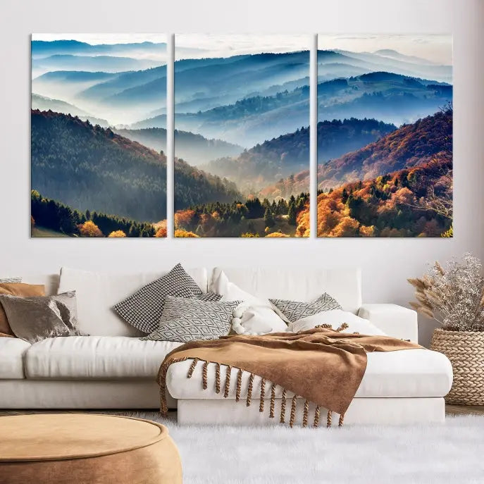 A large "Misty Mountain Sunrise Triptych Canvas Print – Autumn Landscape Wall Art – Scenic Nature Decor – Ready to Hang" is displayed on the wall.