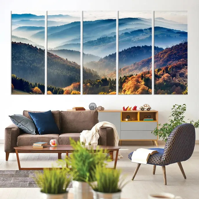 A large "Misty Mountain Sunrise Triptych Canvas Print – Autumn Landscape Wall Art – Scenic Nature Decor – Ready to Hang" is displayed on the wall.