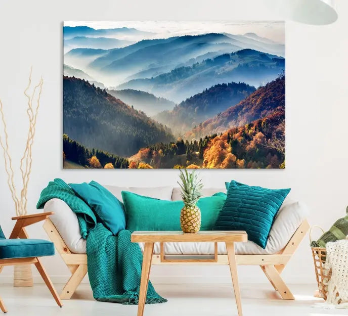 A large "Misty Mountain Sunrise Triptych Canvas Print – Autumn Landscape Wall Art – Scenic Nature Decor – Ready to Hang" is displayed on the wall.