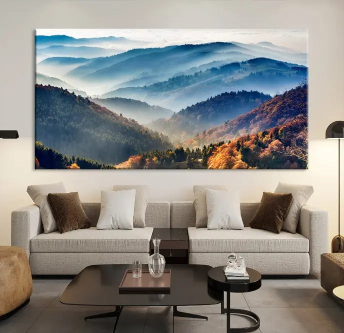 A large "Misty Mountain Sunrise Triptych Canvas Print – Autumn Landscape Wall Art – Scenic Nature Decor – Ready to Hang" is displayed on the wall.