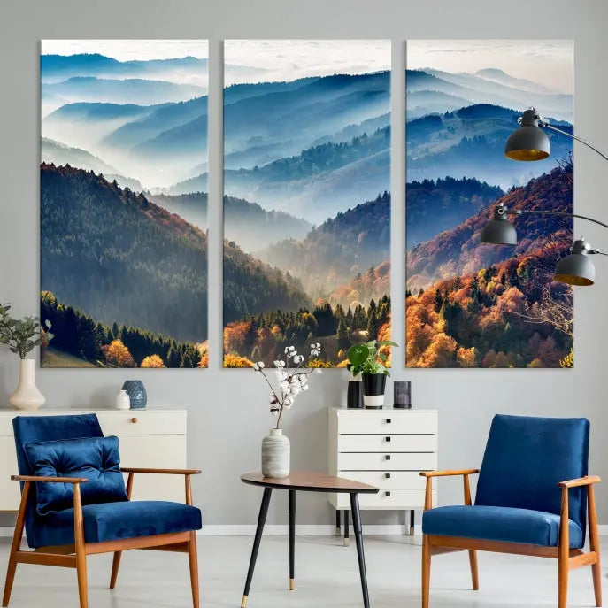 A large "Misty Mountain Sunrise Triptych Canvas Print – Autumn Landscape Wall Art – Scenic Nature Decor – Ready to Hang" is displayed on the wall.