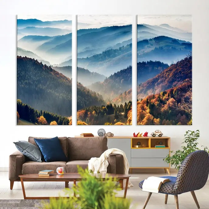 A large "Misty Mountain Sunrise Triptych Canvas Print – Autumn Landscape Wall Art – Scenic Nature Decor – Ready to Hang" is displayed on the wall.