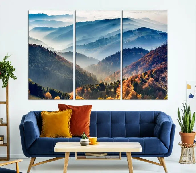 A large "Misty Mountain Sunrise Triptych Canvas Print – Autumn Landscape Wall Art – Scenic Nature Decor – Ready to Hang" is displayed on the wall.