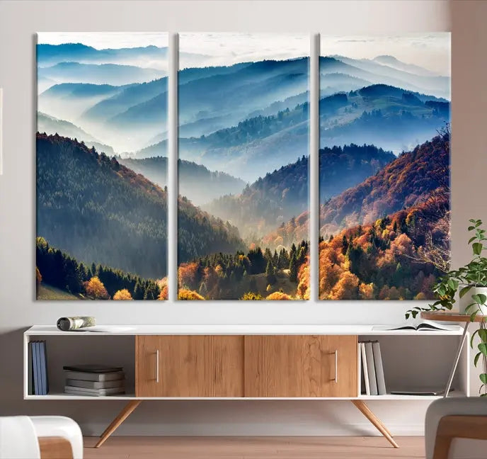 A large "Misty Mountain Sunrise Triptych Canvas Print – Autumn Landscape Wall Art – Scenic Nature Decor – Ready to Hang" is displayed on the wall.