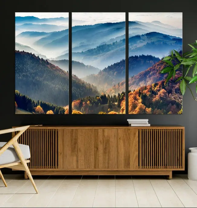 A large "Misty Mountain Sunrise Triptych Canvas Print – Autumn Landscape Wall Art – Scenic Nature Decor – Ready to Hang" is displayed on the wall.