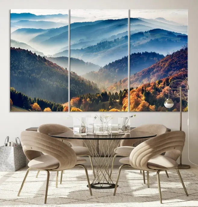 A large "Misty Mountain Sunrise Triptych Canvas Print – Autumn Landscape Wall Art – Scenic Nature Decor – Ready to Hang" is displayed on the wall.