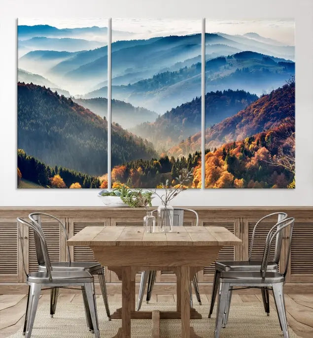 A large "Misty Mountain Sunrise Triptych Canvas Print – Autumn Landscape Wall Art – Scenic Nature Decor – Ready to Hang" is displayed on the wall.