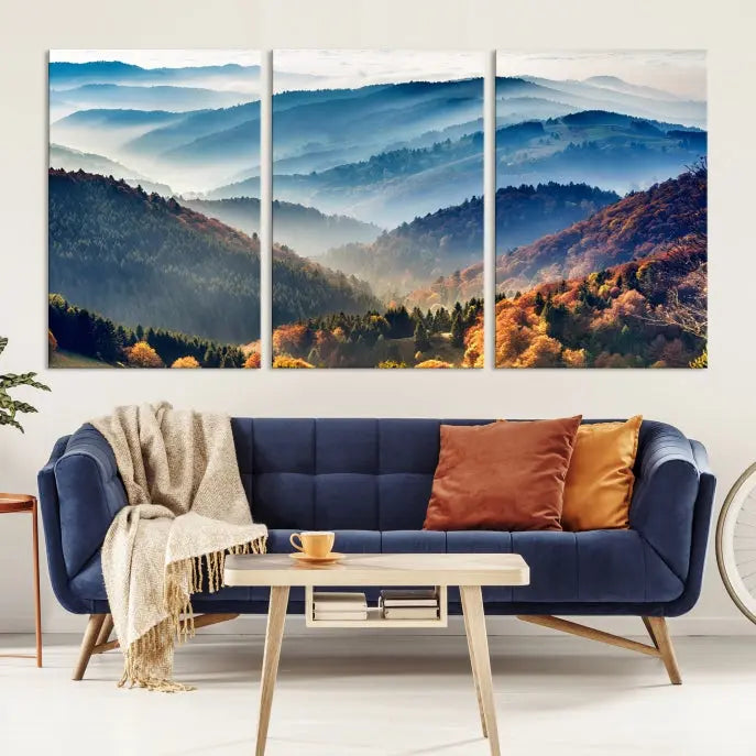 A large "Misty Mountain Sunrise Triptych Canvas Print – Autumn Landscape Wall Art – Scenic Nature Decor – Ready to Hang" is displayed on the wall.