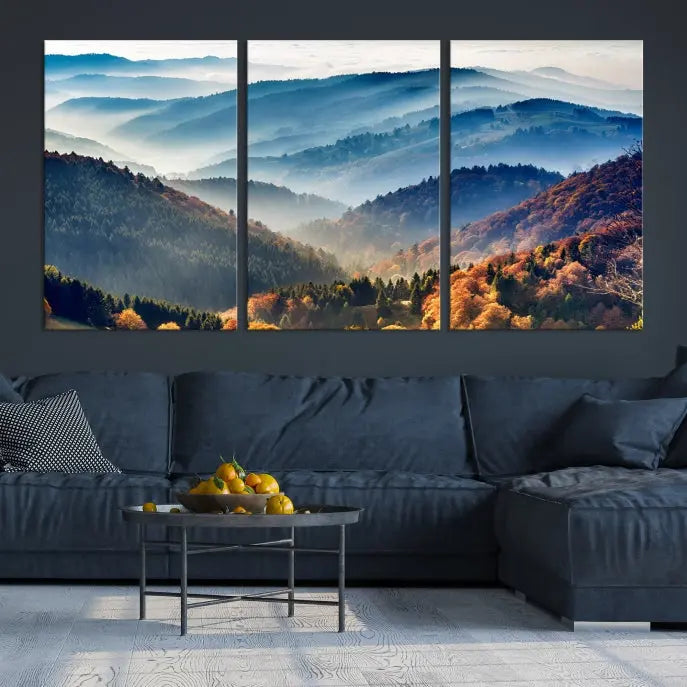 A large "Misty Mountain Sunrise Triptych Canvas Print – Autumn Landscape Wall Art – Scenic Nature Decor – Ready to Hang" is displayed on the wall.