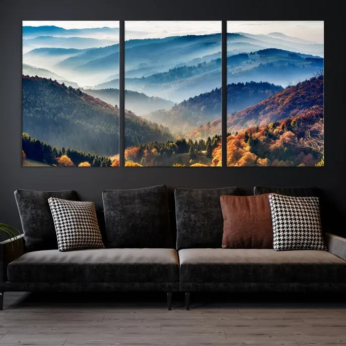 A large "Misty Mountain Sunrise Triptych Canvas Print – Autumn Landscape Wall Art – Scenic Nature Decor – Ready to Hang" is displayed on the wall.