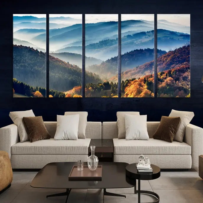 A large "Misty Mountain Sunrise Triptych Canvas Print – Autumn Landscape Wall Art – Scenic Nature Decor – Ready to Hang" is displayed on the wall.