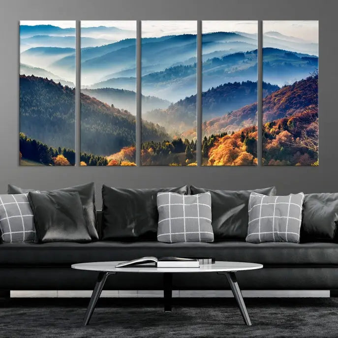 A large "Misty Mountain Sunrise Triptych Canvas Print – Autumn Landscape Wall Art – Scenic Nature Decor – Ready to Hang" is displayed on the wall.