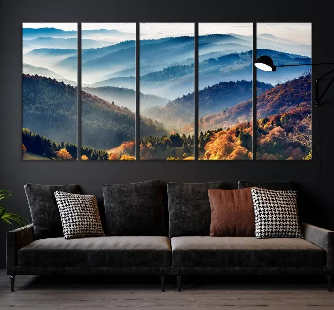 A large "Misty Mountain Sunrise Triptych Canvas Print – Autumn Landscape Wall Art – Scenic Nature Decor – Ready to Hang" is displayed on the wall.