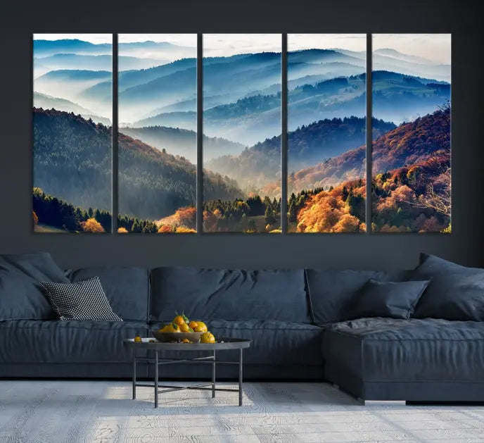 A large "Misty Mountain Sunrise Triptych Canvas Print – Autumn Landscape Wall Art – Scenic Nature Decor – Ready to Hang" is displayed on the wall.