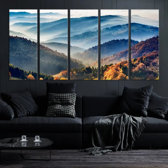 A large "Misty Mountain Sunrise Triptych Canvas Print – Autumn Landscape Wall Art – Scenic Nature Decor – Ready to Hang" is displayed on the wall.