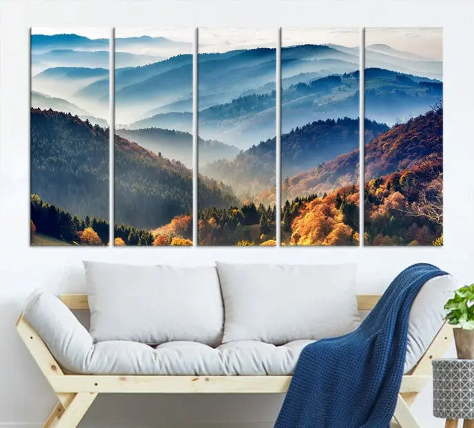 A large "Misty Mountain Sunrise Triptych Canvas Print – Autumn Landscape Wall Art – Scenic Nature Decor – Ready to Hang" is displayed on the wall.