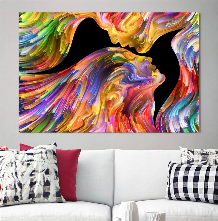 The Mix & Trend Vibrant Colors Abstract Wall Art Canvas Print features a colorful abstract depiction of two faces in profile with vibrant strokes. This museum-quality piece is gallery wrapped and finished with a UV-protective coating to preserve its vivid hues.