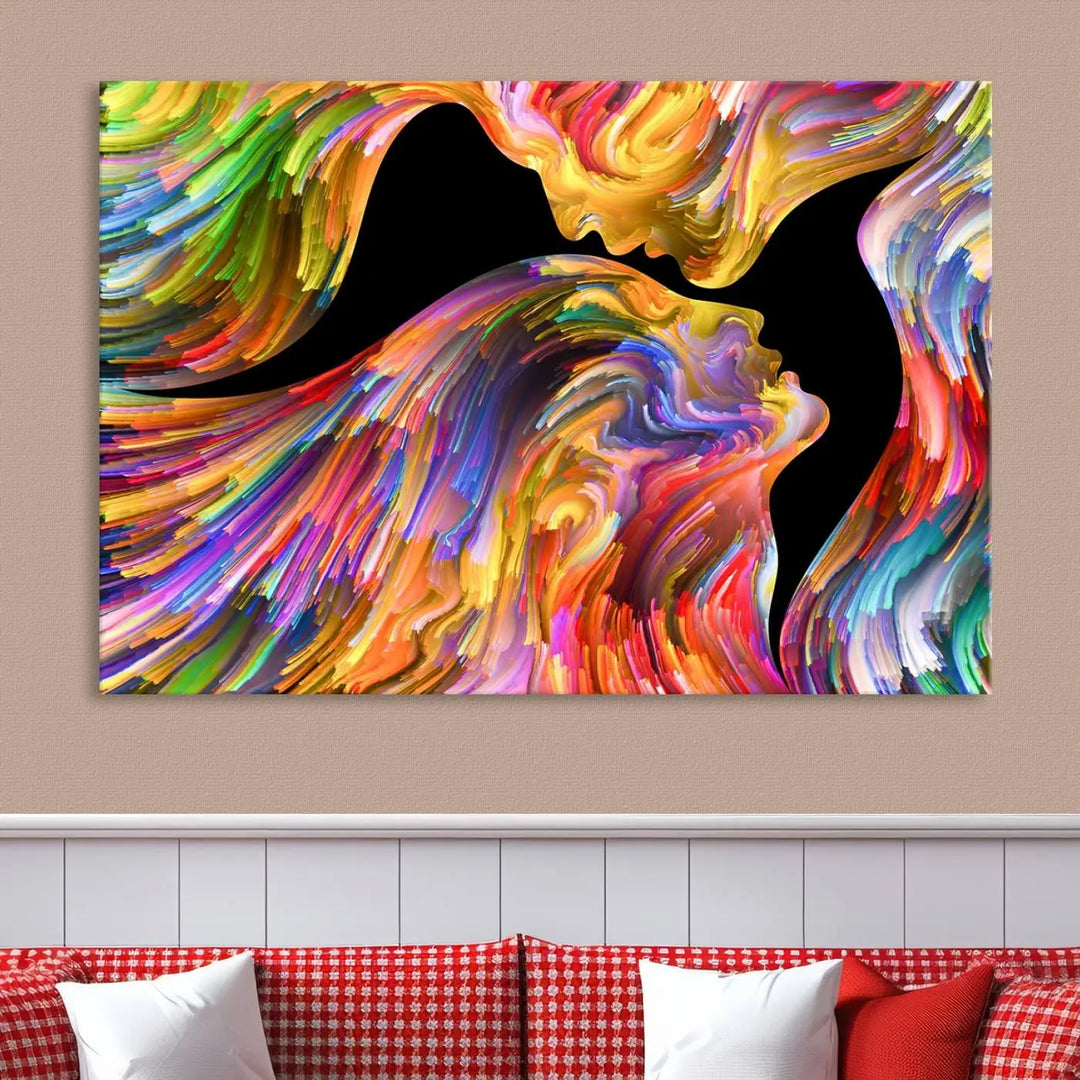 The Mix & Trend Vibrant Colors Abstract Wall Art Canvas Print features a colorful abstract depiction of two faces in profile with vibrant strokes. This museum-quality piece is gallery wrapped and finished with a UV-protective coating to preserve its vivid hues.