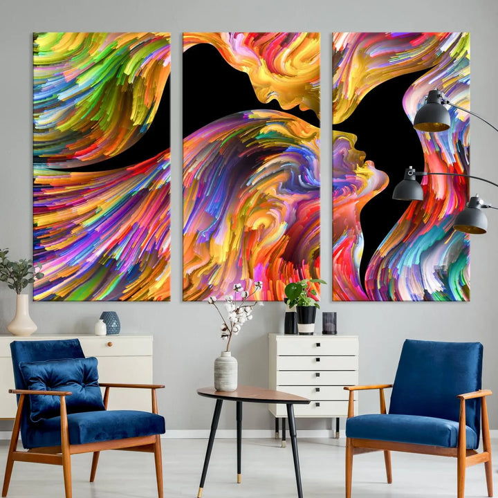 The Mix & Trend Vibrant Colors Abstract Wall Art Canvas Print features a colorful abstract depiction of two faces in profile with vibrant strokes. This museum-quality piece is gallery wrapped and finished with a UV-protective coating to preserve its vivid hues.