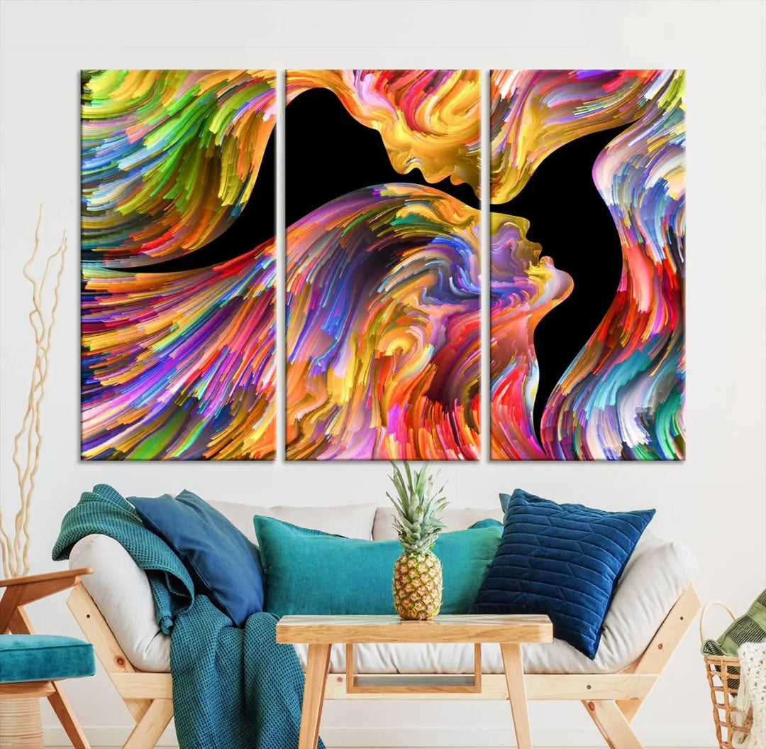 The Mix & Trend Vibrant Colors Abstract Wall Art Canvas Print features a colorful abstract depiction of two faces in profile with vibrant strokes. This museum-quality piece is gallery wrapped and finished with a UV-protective coating to preserve its vivid hues.