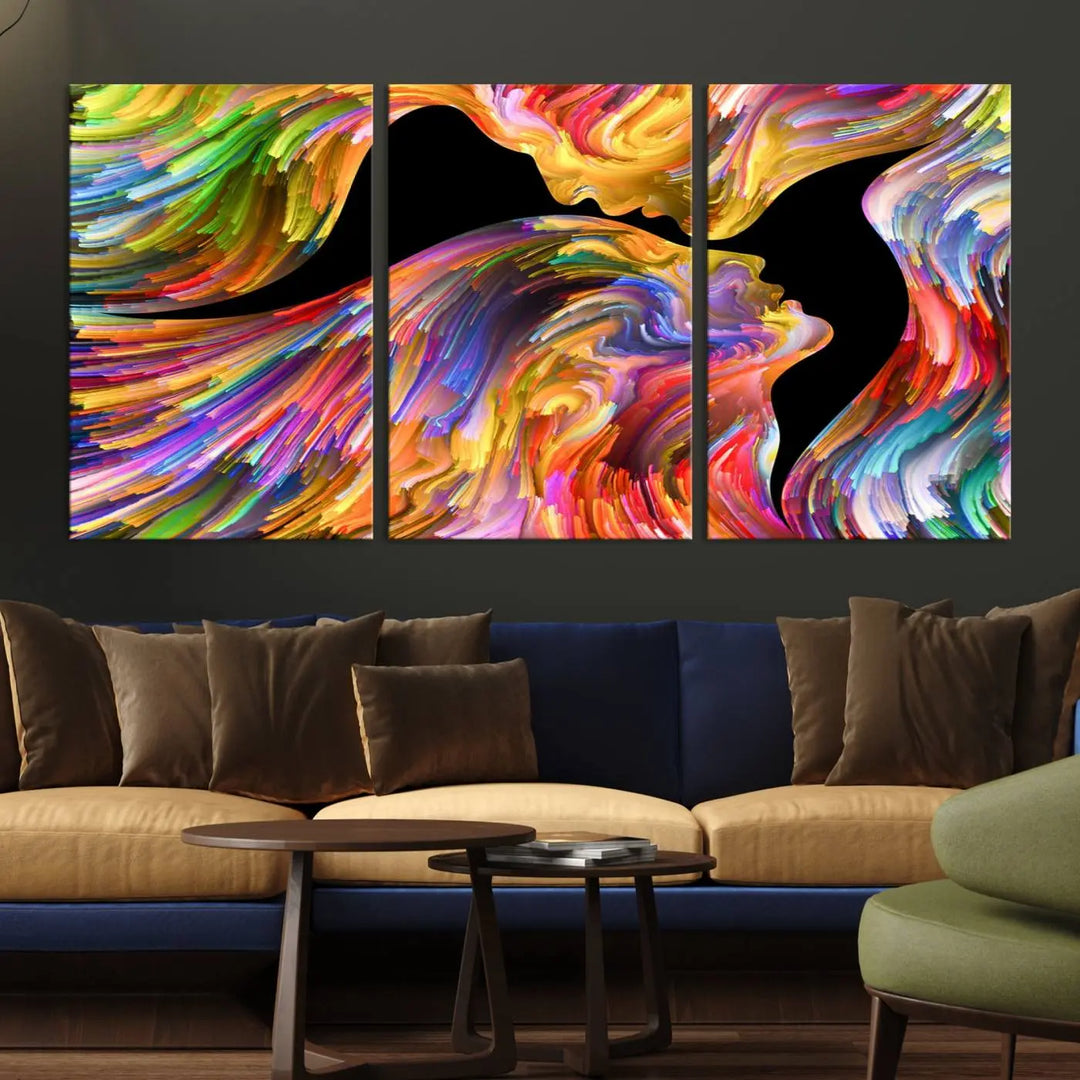 The Mix & Trend Vibrant Colors Abstract Wall Art Canvas Print features a colorful abstract depiction of two faces in profile with vibrant strokes. This museum-quality piece is gallery wrapped and finished with a UV-protective coating to preserve its vivid hues.