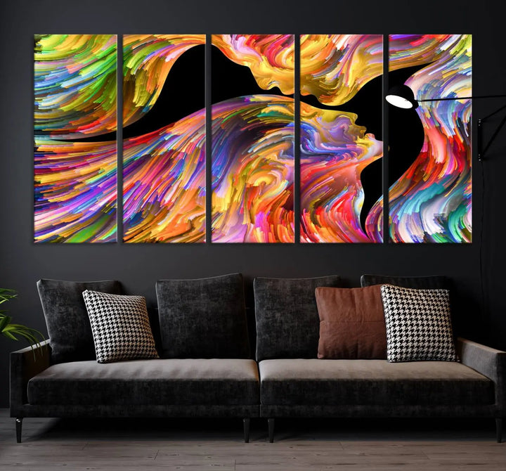 The Mix & Trend Vibrant Colors Abstract Wall Art Canvas Print features a colorful abstract depiction of two faces in profile with vibrant strokes. This museum-quality piece is gallery wrapped and finished with a UV-protective coating to preserve its vivid hues.