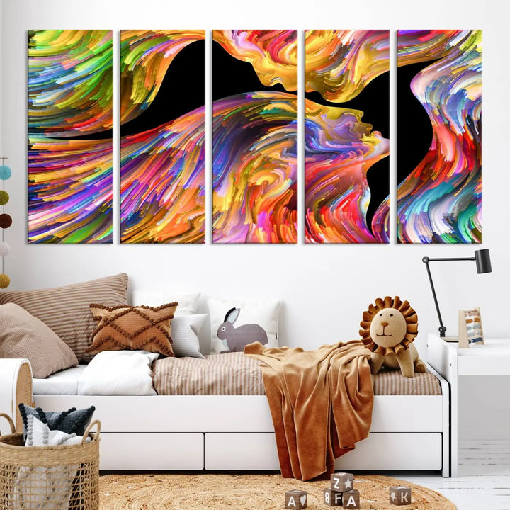 The Mix & Trend Vibrant Colors Abstract Wall Art Canvas Print features a colorful abstract depiction of two faces in profile with vibrant strokes. This museum-quality piece is gallery wrapped and finished with a UV-protective coating to preserve its vivid hues.