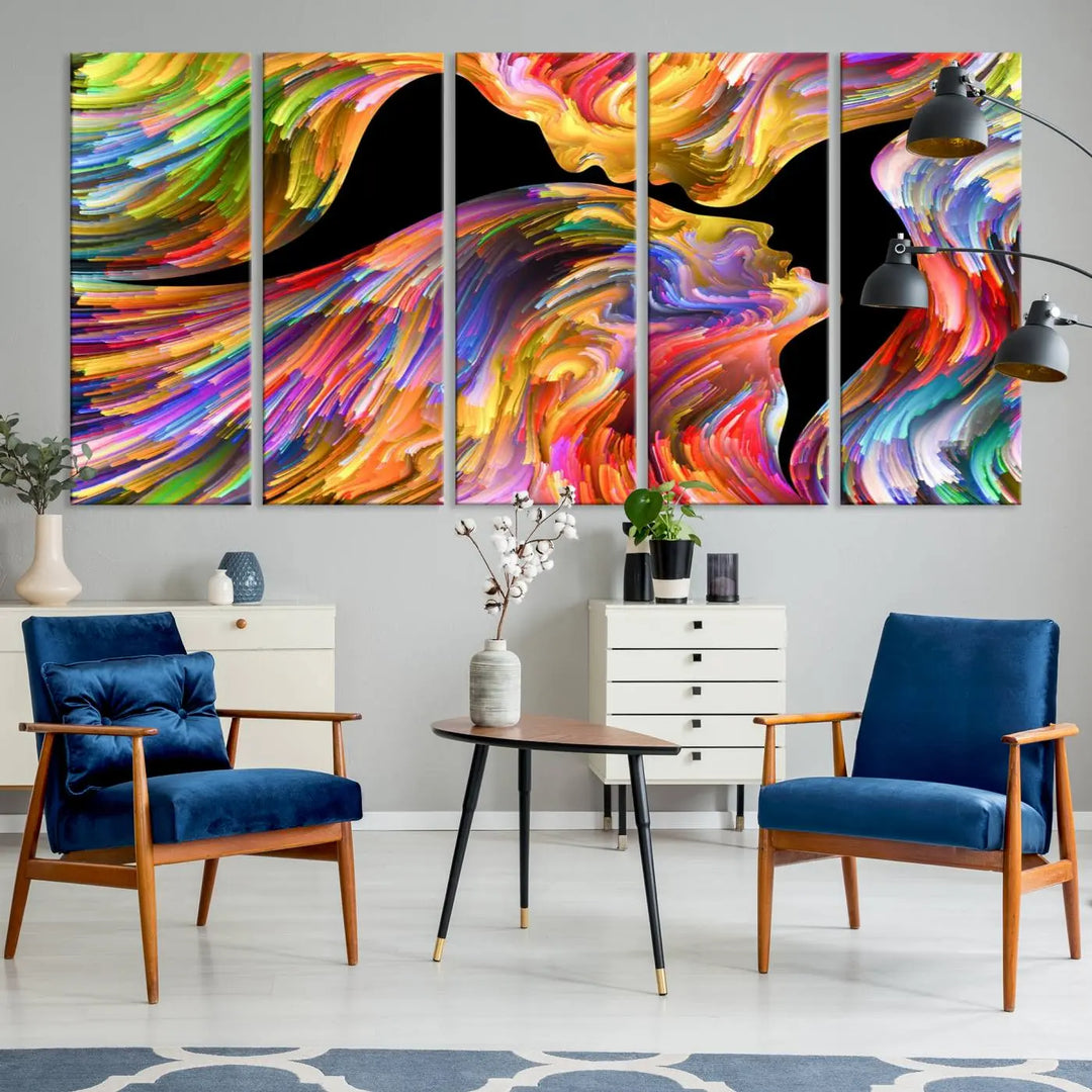 The Mix & Trend Vibrant Colors Abstract Wall Art Canvas Print features a colorful abstract depiction of two faces in profile with vibrant strokes. This museum-quality piece is gallery wrapped and finished with a UV-protective coating to preserve its vivid hues.