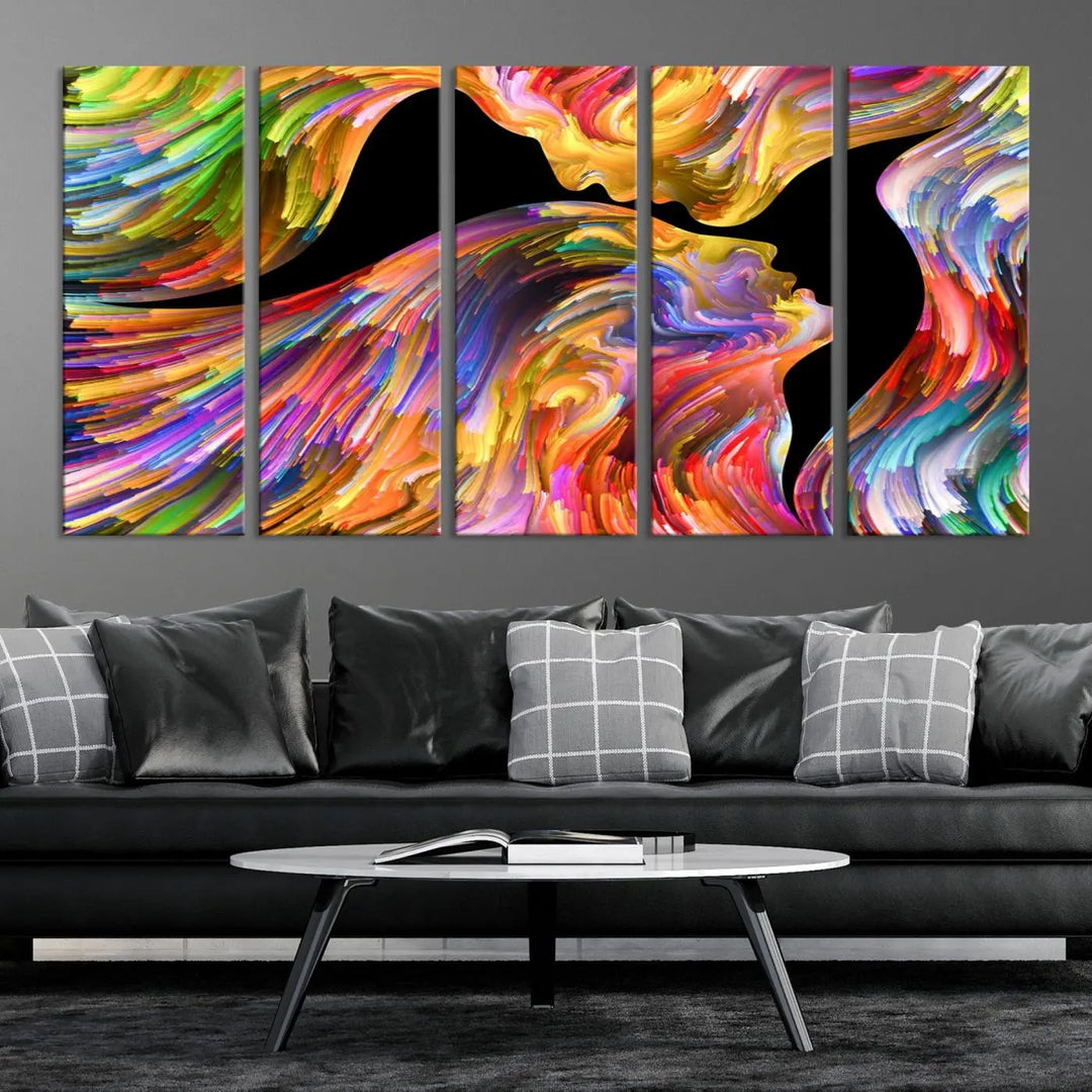 The Mix & Trend Vibrant Colors Abstract Wall Art Canvas Print features a colorful abstract depiction of two faces in profile with vibrant strokes. This museum-quality piece is gallery wrapped and finished with a UV-protective coating to preserve its vivid hues.