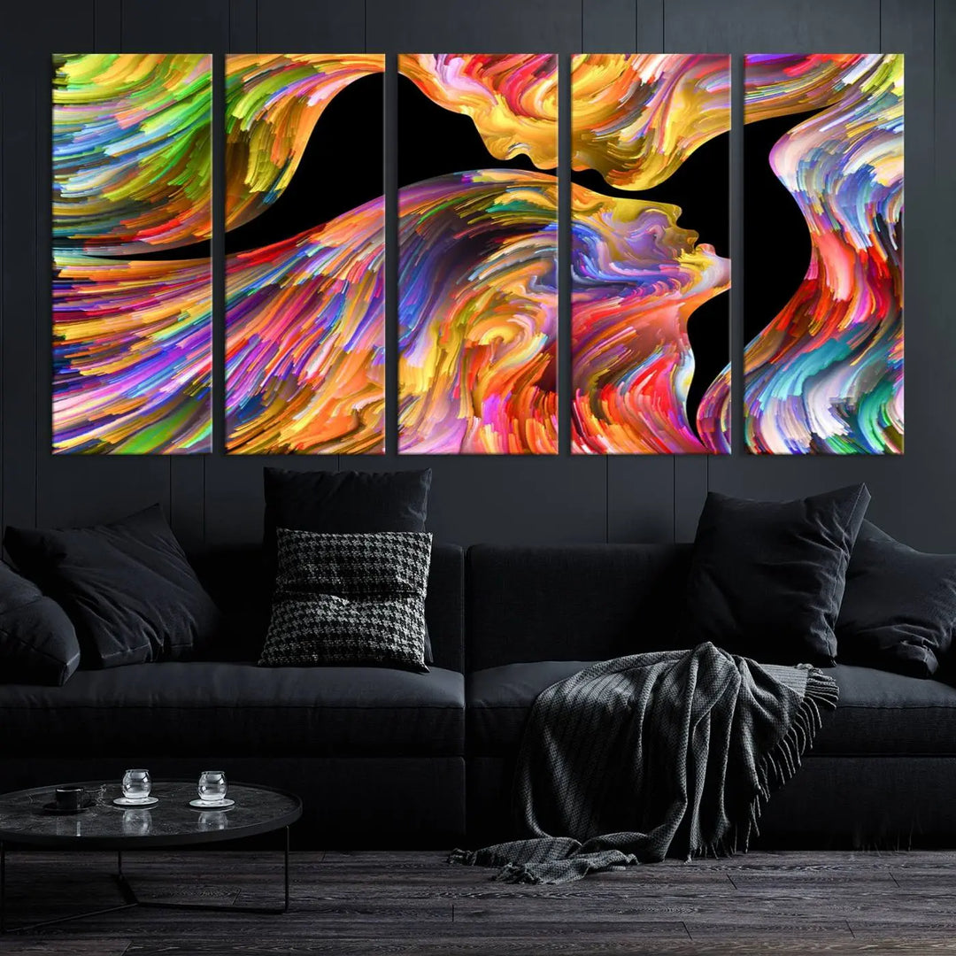 The Mix & Trend Vibrant Colors Abstract Wall Art Canvas Print features a colorful abstract depiction of two faces in profile with vibrant strokes. This museum-quality piece is gallery wrapped and finished with a UV-protective coating to preserve its vivid hues.