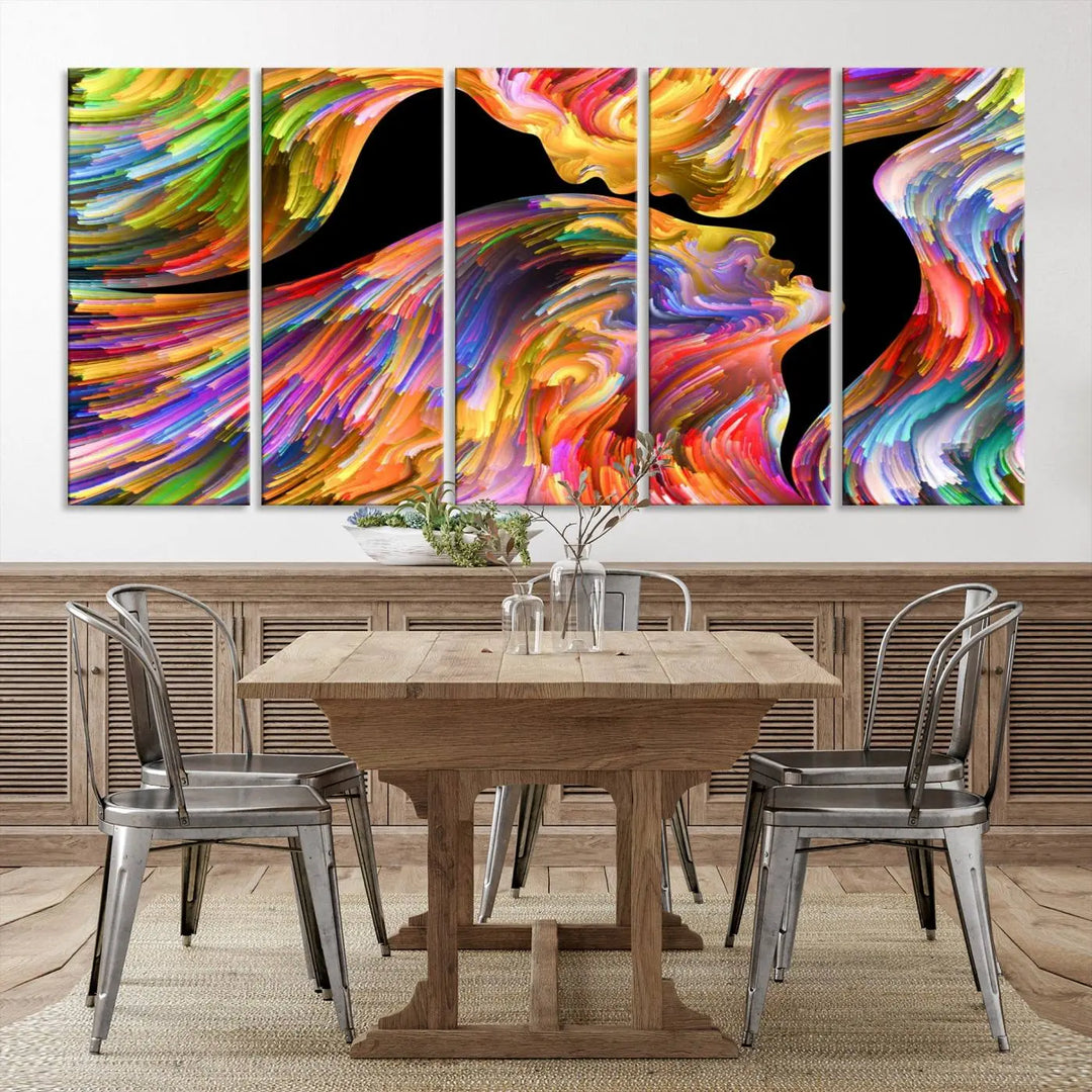 The Mix & Trend Vibrant Colors Abstract Wall Art Canvas Print features a colorful abstract depiction of two faces in profile with vibrant strokes. This museum-quality piece is gallery wrapped and finished with a UV-protective coating to preserve its vivid hues.