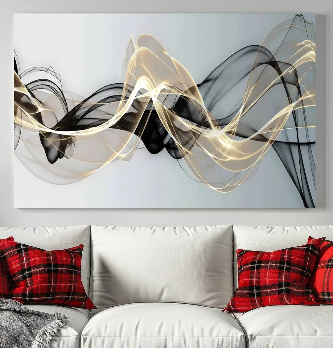 Modern Abstract Art Multi Panel Wall Art Canvas Print featuring flowing black and gold waves.