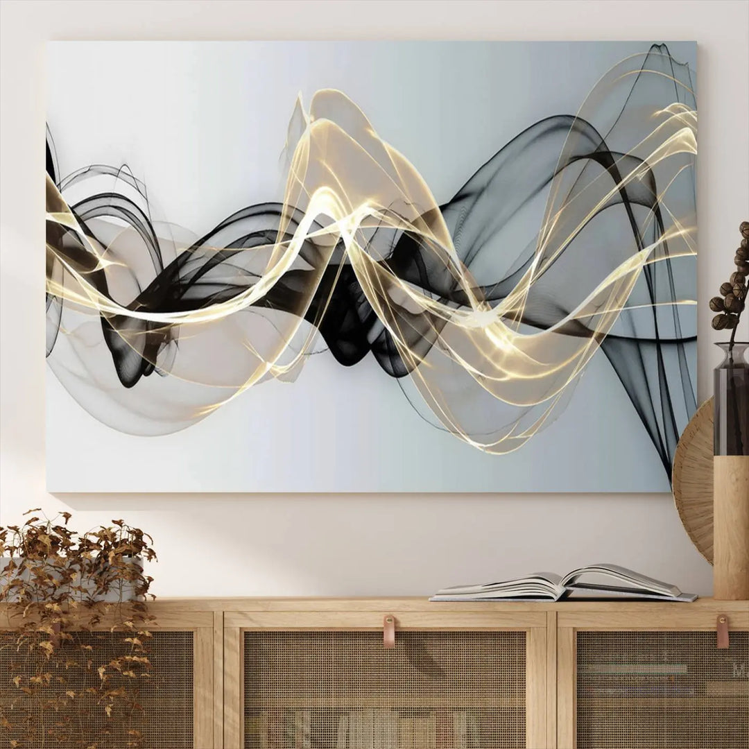 Modern Abstract Art Multi Panel Wall Art Canvas Print featuring flowing black and gold waves.